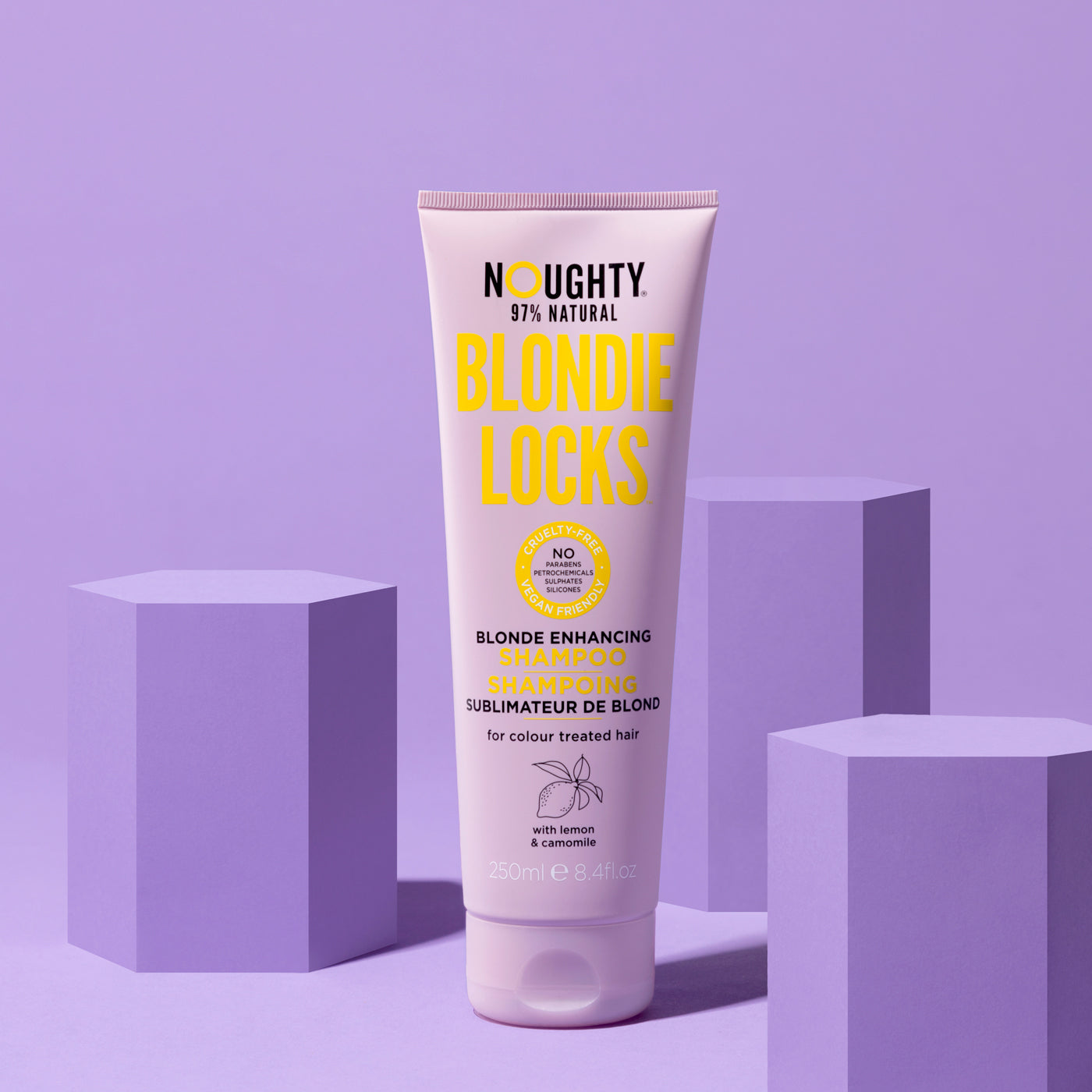 Noughty's blonde enhancing brightening shampoo for blonde bleached highlighted hair. Natural haircare vegan cruelty free natural sulphate free paraben free