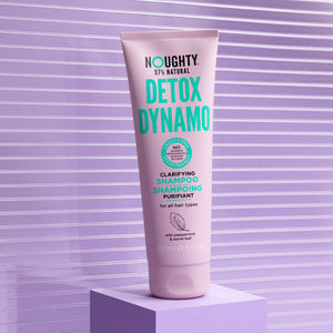 Noughty Detox Dynamo purifying clarifying shampoo for all hair types with build up needing a deep clean. Natural haircare vegan cruelty free natural sulphate free paraben free
