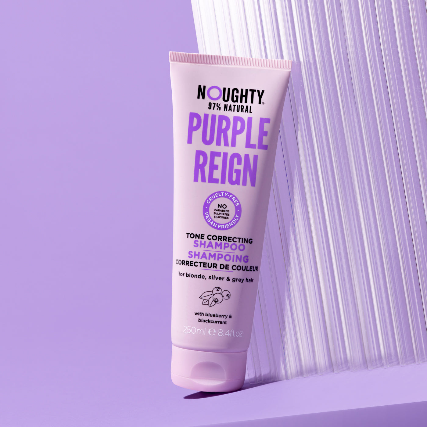 Noughty Purple Reign tone correcting shampoo for blonde, bleached, highlighted, silver or grey hair. Natural haircare vegan cruelty free natural sulphate free paraben free