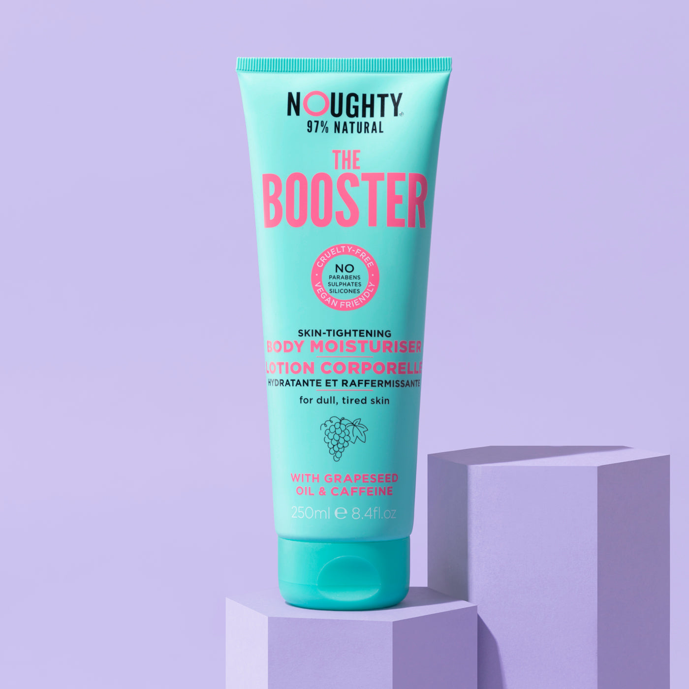 Noughty The Booster skin firming moisturizer for dull, challenged and cellulite prone skin. Natural haircare vegan cruelty free natural sulphate free paraben free