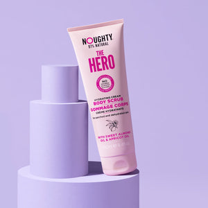 Noughty The Hero hydrating cream body scrub for dry, parched and dehydrated skin. Natural body care vegan cruelty free natural sulfate free paraben free