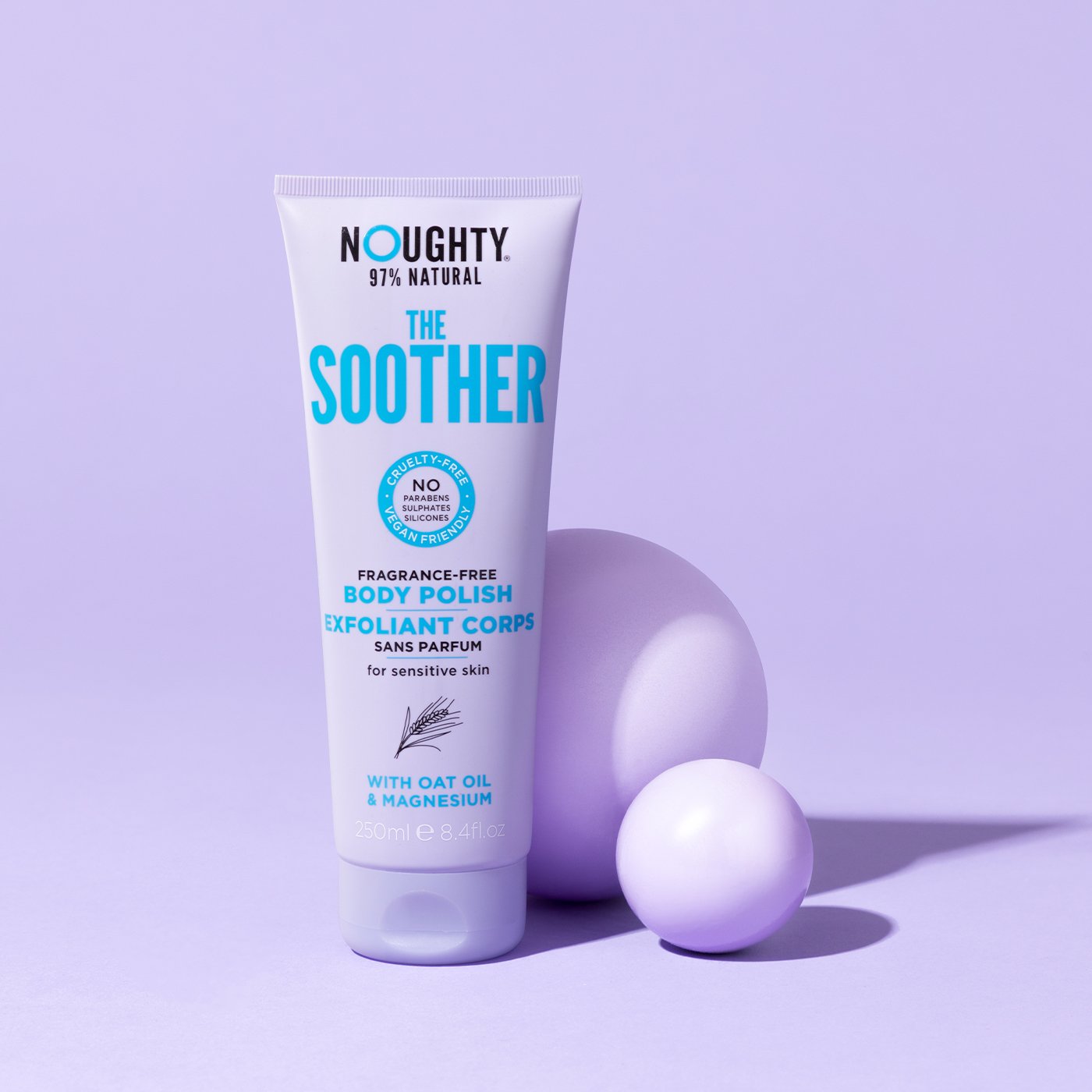 Noughty The Soother fragrance free body polish exfoliator for sensitive and reactive skin. Natural body care vegan cruelty free natural sulfate free paraben free